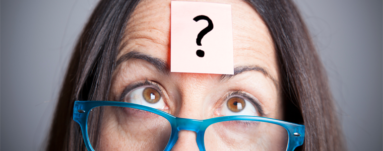 woman post-it on forehead question