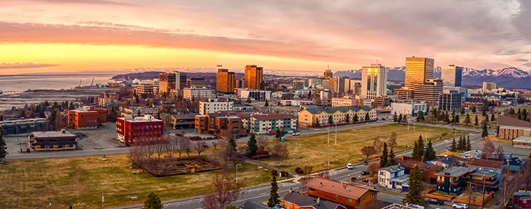 Aerial View of a Sunset over Downtown Anchorage, Alaska in Spring